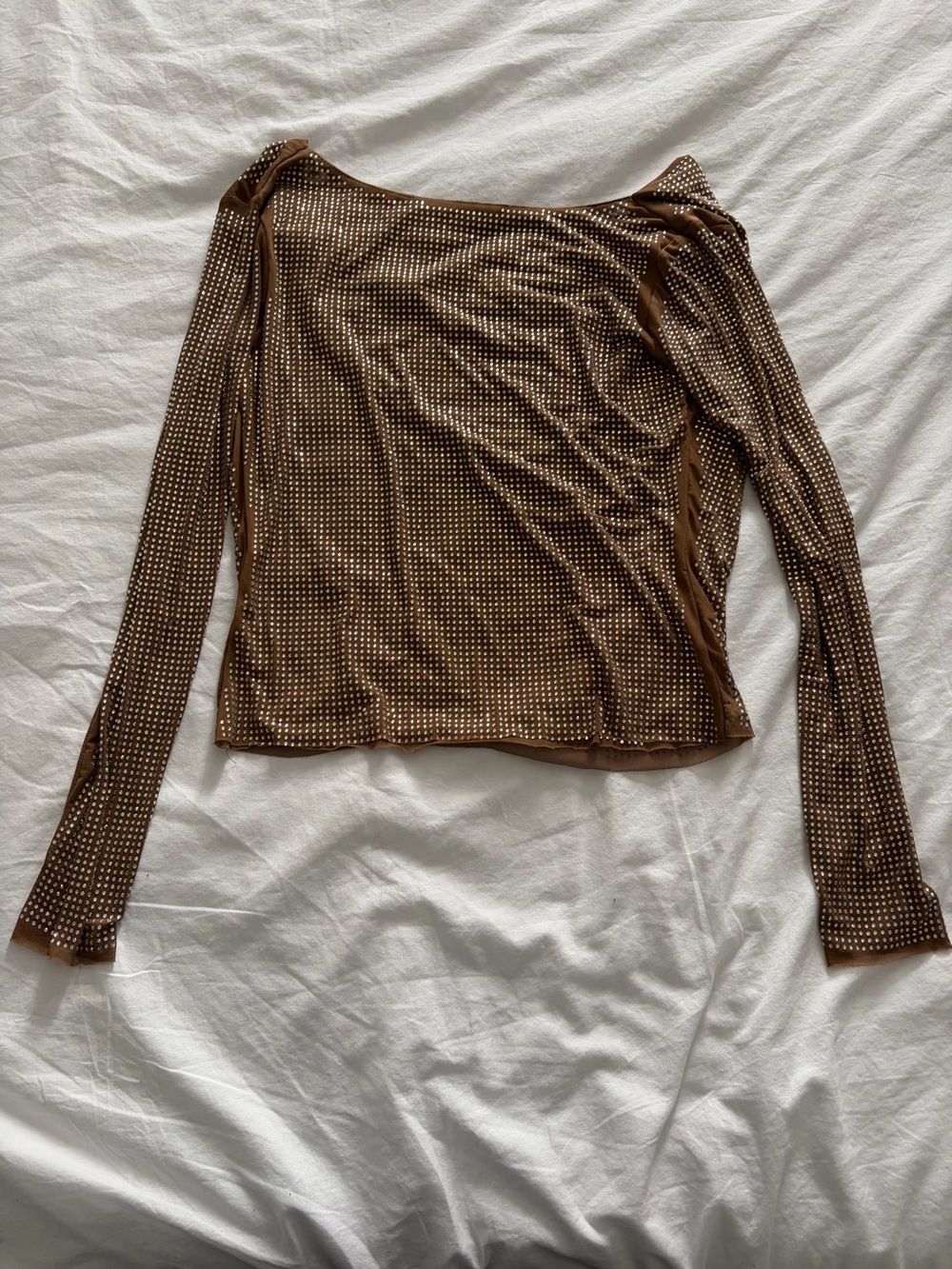 JLUXLABEL Brown Draped Back Studded Mesh Long Sleeve Top Medium Like New